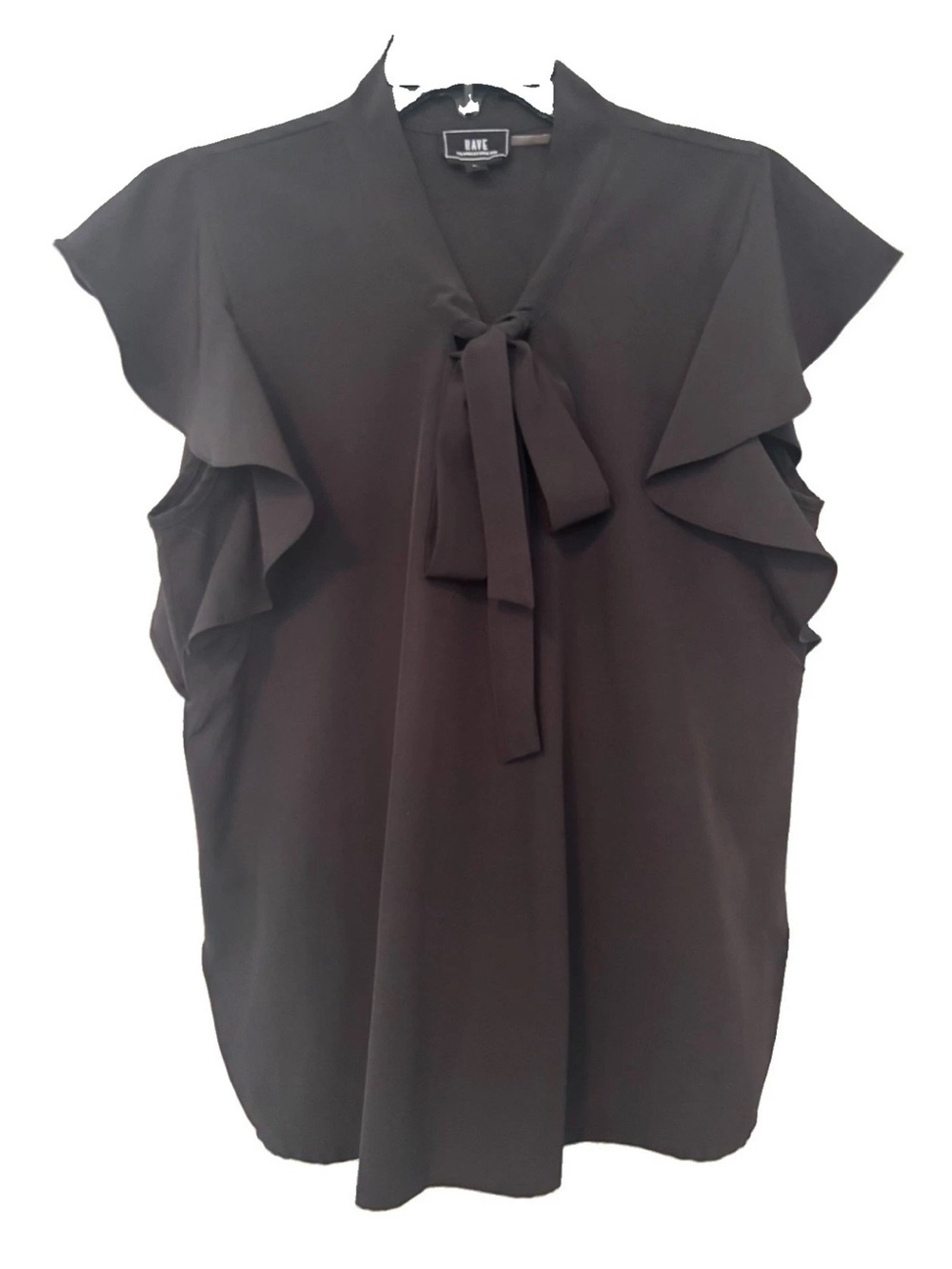 HAVE Black Flutter Sleeve Tie-Neck Blouse with Side Slits